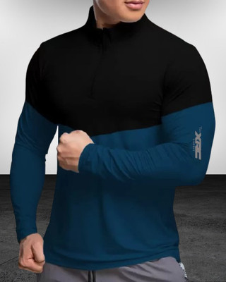 GAARRBLY Colorblock Men High Neck Navy Blue T-Shirt