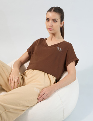 U.S. POLO ASSN. Solid Women Crew Neck Brown T-Shirt
