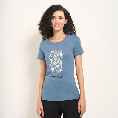 Honey By Pantaloons Printed Women Round Neck Dark Blue T-Shirt