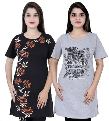 PK Fashion Printed Women Round Neck Black, Grey T-Shirt