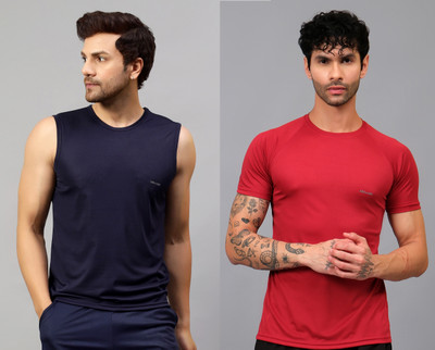 UDI n ADI Self Design Men Round Neck Navy Blue, Maroon T-Shirt