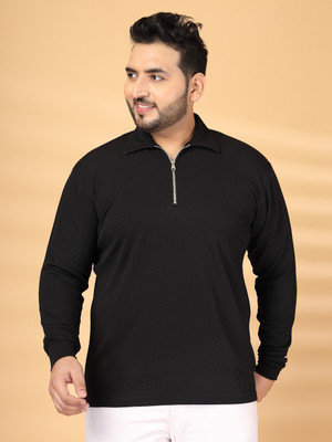 PLUSS Solid Men Zip Neck Black T-Shirt