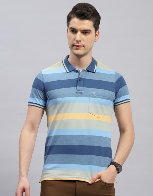 MONTE CARLO Striped Men Polo Neck Light Blue T-Shirt