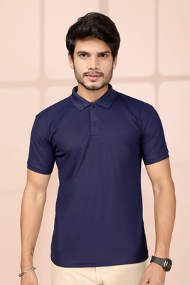 Krivox Solid Men Polo Neck Dark Blue T-Shirt