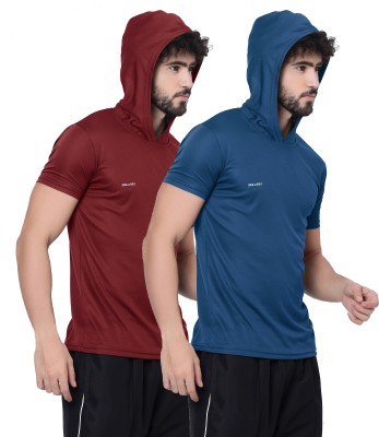 UDI n ADI Solid Men Hooded Neck Maroon, Dark Blue T-Shirt