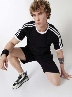 MAX Striped Men Round Neck Black T-Shirt