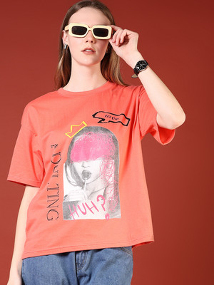 V-MART Printed Women Crew Neck Pink T-Shirt