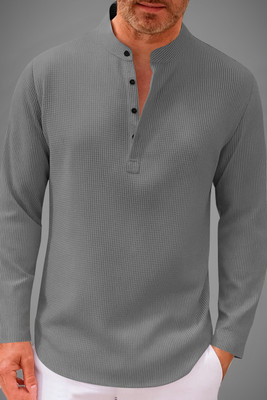 Rufica Solid Men Mandarin Collar Grey T-Shirt