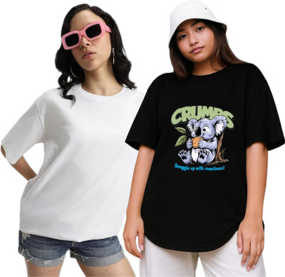 RS FASHION Printed Women Round Neck White, Black T-Shirt