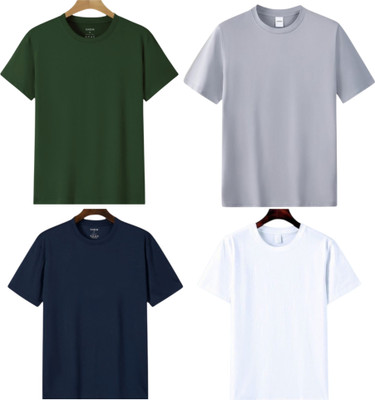 TTFE Solid Men Round Neck White, Silver, Green, Navy Blue T-Shirt