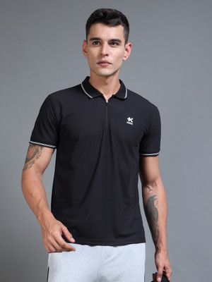 HRX by Hrithik Roshan Self Design Men Polo Neck Black T-Shirt