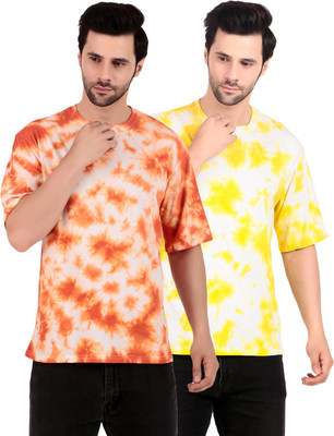 TQH Printed Men Round Neck Yellow, Orange T-Shirt
