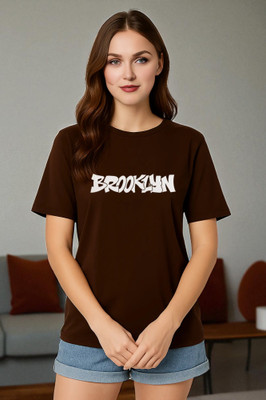 Elvia Printed Women Round Neck Brown T-Shirt