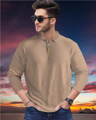 METRONAUT Self Design Men Polo Neck Brown T-Shirt