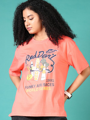 V-MART Printed Women Round Neck Pink T-Shirt
