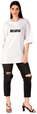 AdvibaFashion Printed Women Round Neck White T-Shirt