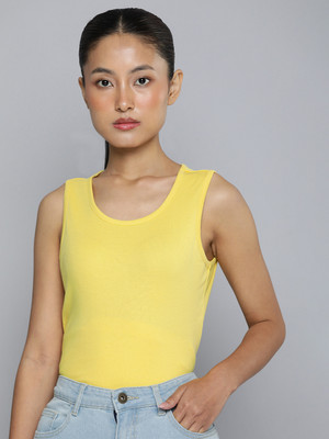 ether Solid Women Round Neck Yellow T-Shirt
