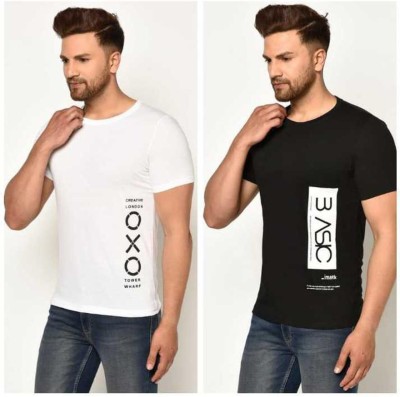 GLITO Printed Men Round Neck White, Black T-Shirt