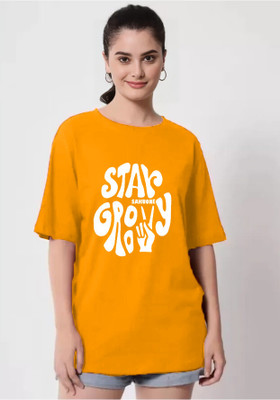 etsun Printed Women Round Neck Yellow T-Shirt