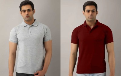 Silver Swan Solid Men Polo Neck Maroon, Grey T-Shirt