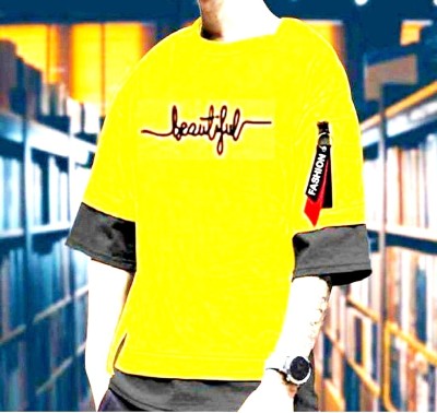 SARA Printed Men Round Neck Yellow T-Shirt