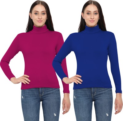 MYO Solid Women Turtle Neck Pink, Blue T-Shirt