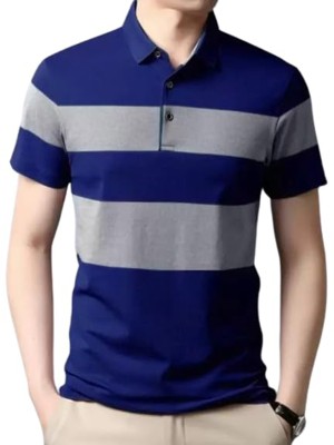 KAILASH KUMAR Striped Men Polo Neck Blue T-Shirt