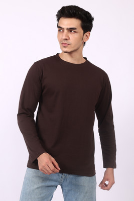 Luma Solid Men Round Neck Brown T-Shirt