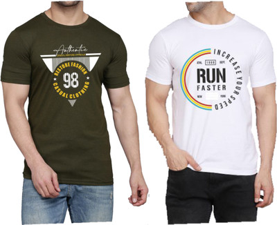 WOOSTRO Printed Men Round Neck Dark Green, White T-Shirt