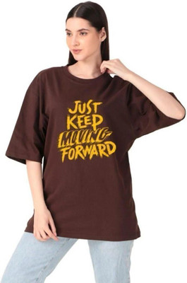 AdvibaFashion Printed Women Round Neck Brown T-Shirt