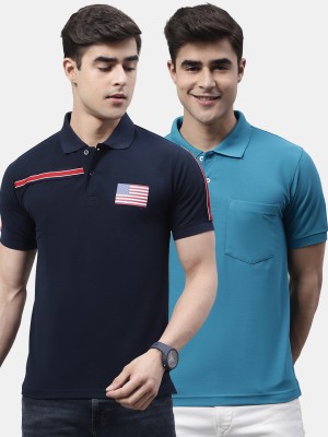 OBAAN Solid Men Polo Neck Navy Blue T-Shirt
