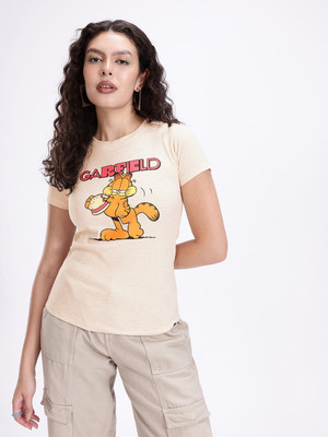 Kook N Keech Printed Women Round Neck Beige T-Shirt