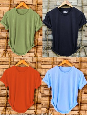 PARA HILLS Solid Men Round Neck Green, Navy Blue, Orange, Blue T-Shirt