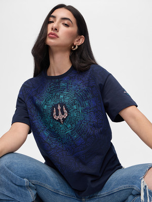 The Souled Store Printed Women Round Neck Navy Blue T-Shirt