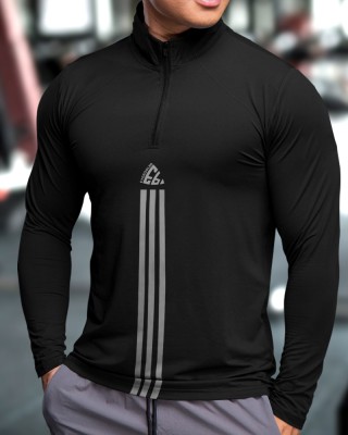 EyeBogler Striped Men Polo Neck Black T-Shirt