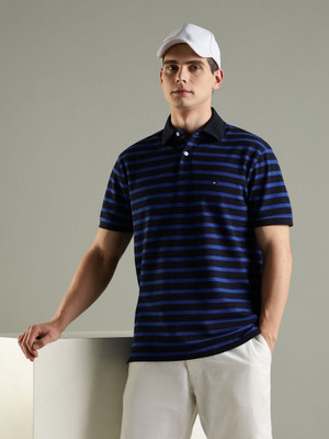 TOMMY HILFIGER Striped Men Polo Neck Navy Blue T-Shirt