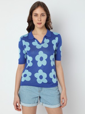 VERO MODA Printed Women Polo Neck Blue T-Shirt