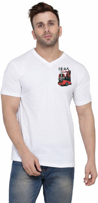 tfurnish Printed Men V Neck White T-Shirt