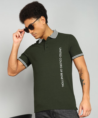 United Colors of Benetton Solid Men Polo Neck Dark Green T-Shirt