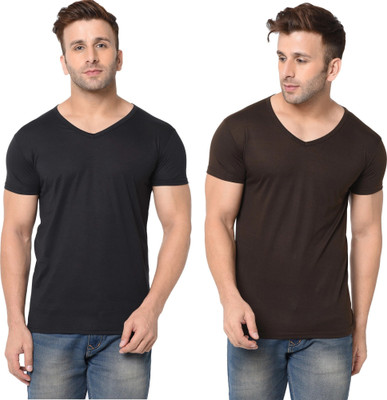Adorbs Trend Solid Men V Neck Brown, Black T-Shirt