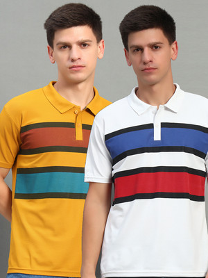 THE CASUALS Printed Men Polo Neck White, Yellow T-Shirt
