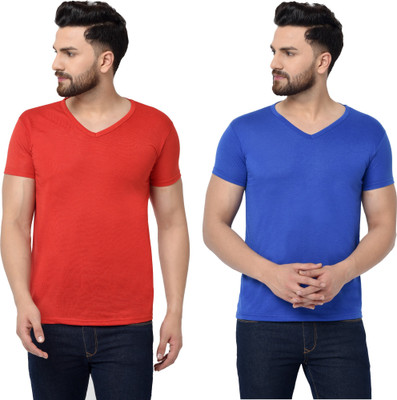Adorbs Trend Solid Men V Neck Dark Blue, Red T-Shirt
