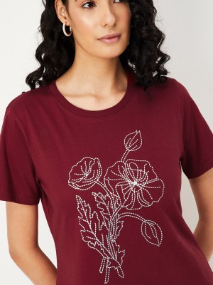 MAX Printed Women Round Neck Maroon T-Shirt