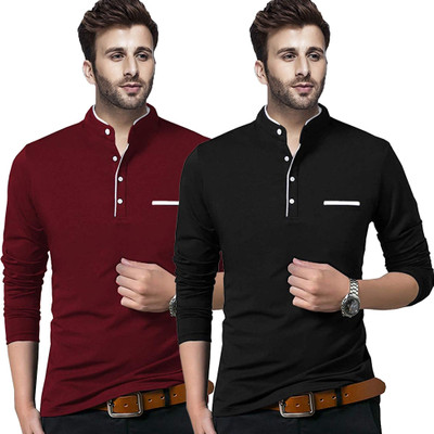 JB Jagoboy Solid Men Henley Neck Maroon, Black T-Shirt