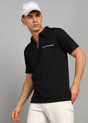 COMBRAIDED Self Design Men Polo Neck Black T-Shirt