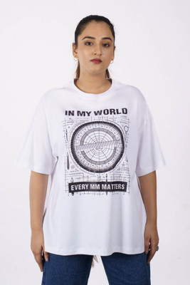 Bandar Baant Graphic Print, Printed Women Round Neck White T-Shirt