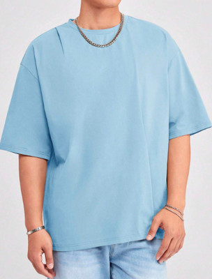 FURRR Solid Men Round Neck Light Blue T-Shirt