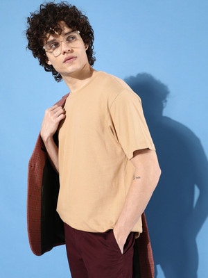Mast & Harbour Solid Men Round Neck Beige T-Shirt