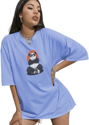Calm Down Animal Print Women Round Neck Blue T-Shirt