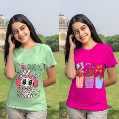 Kintu Parantu Cartoon Women Round Neck Pink T-Shirt